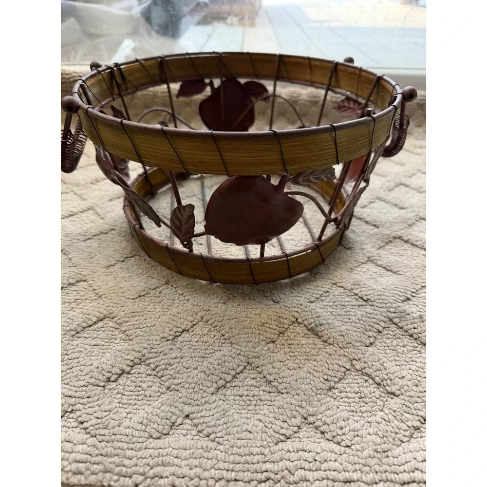 Rustic Metal And Wood Basket with Metal Apples and Spring Style Handles